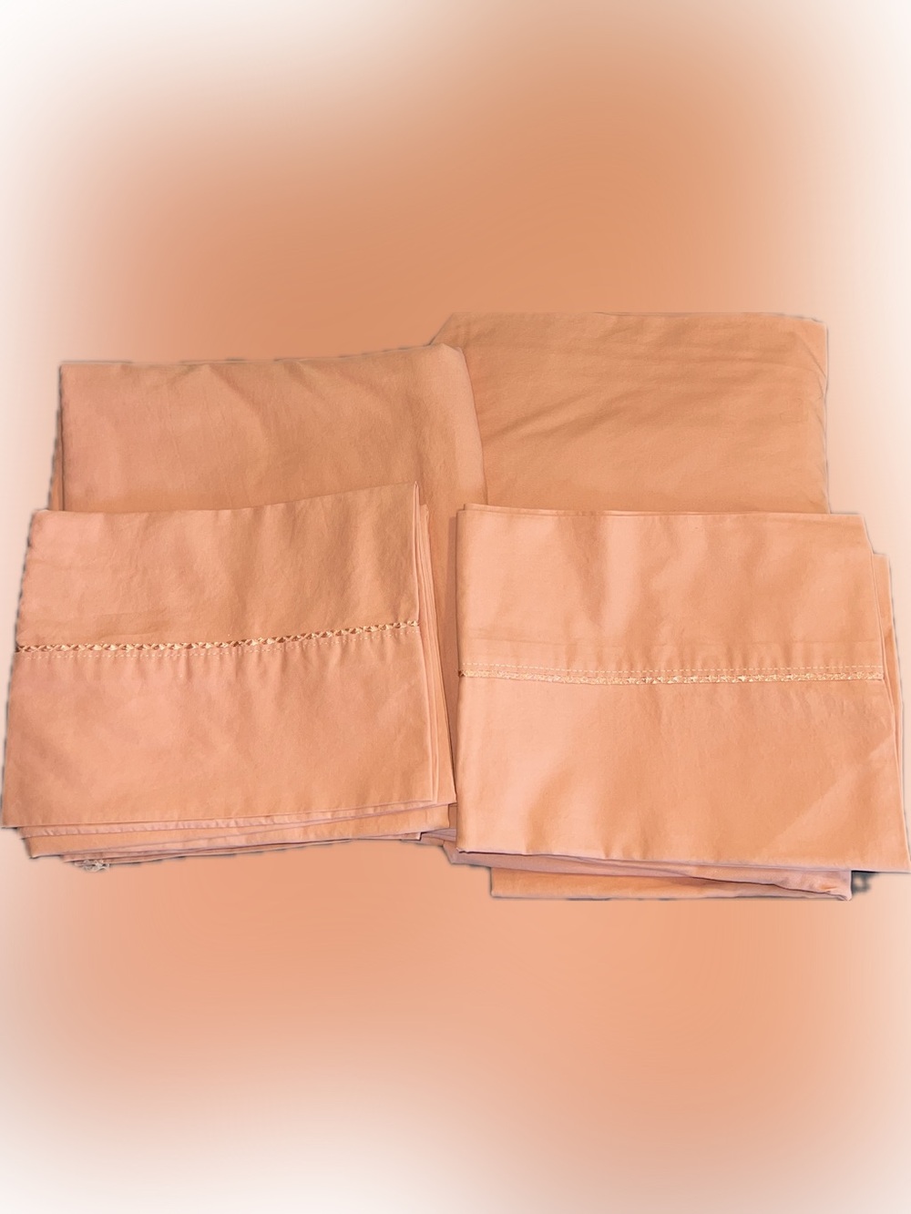 🔴Peach Cotton Pillowcases Sheets Set Satin Ribbon Detail Queen Bedding Cotton